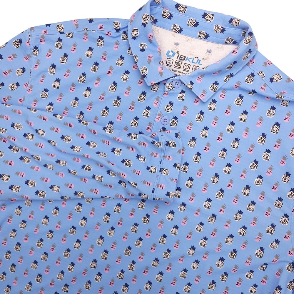 IBKUL Polo Shirt Womens XL Blue Pineapple Print Long Sleeve UPF 50 Golf Top